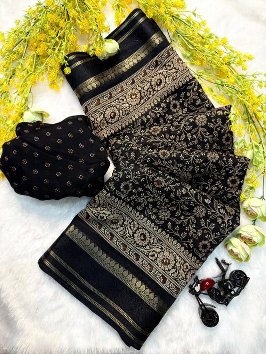 Elegant black traditional saree with golden zari detailing