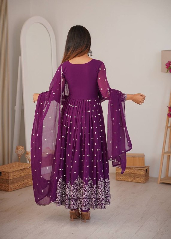 Traditional purple Anarkali suit set with silver embroidery details