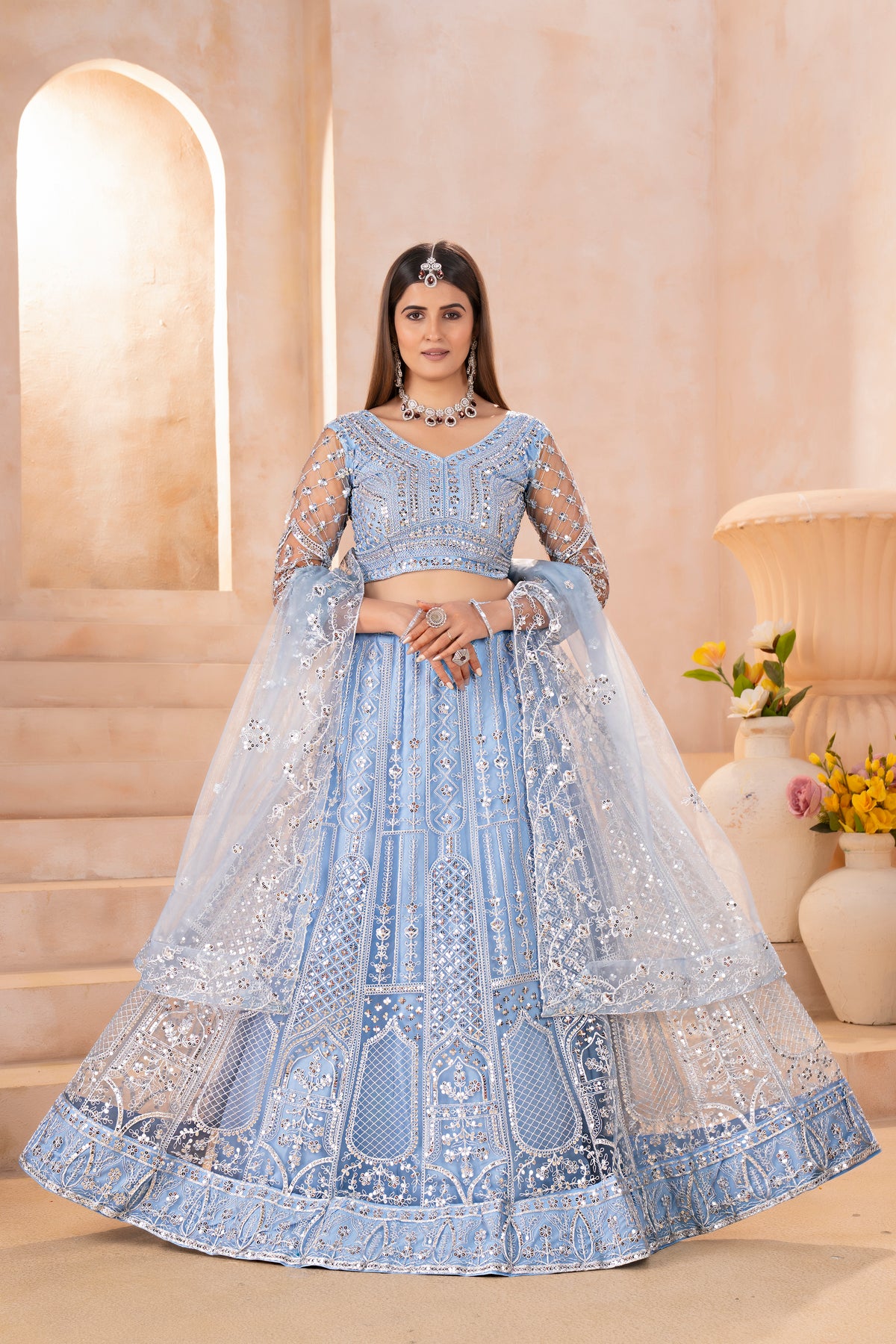 Sky blue embroidered bridal lehenga choli with designer net dupatta