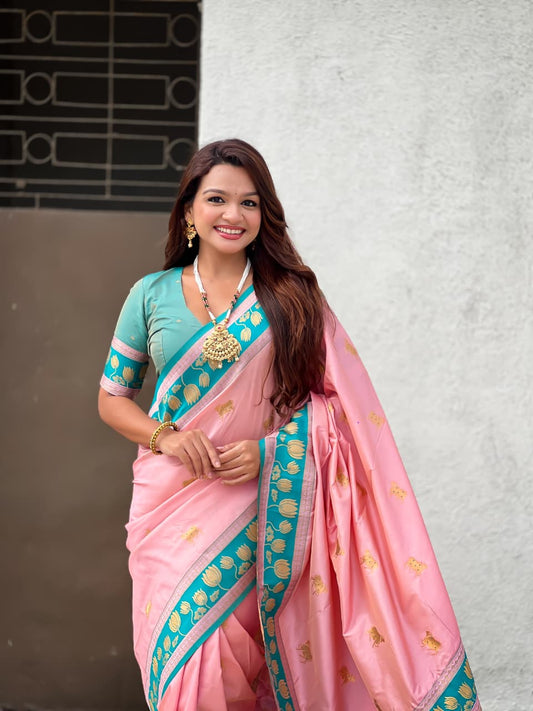 traditional-baby-pink-silk-saree-with-lotus-motifs