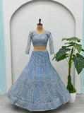 Elegant baby blue wedding lehenga featuring intricate sequins embroidery