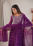 Elegant women’s party wear purple Anarkali with chiffon dupatta