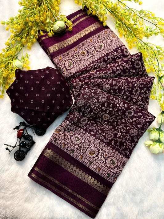 Floral woven Indian saree in deep purple color for women