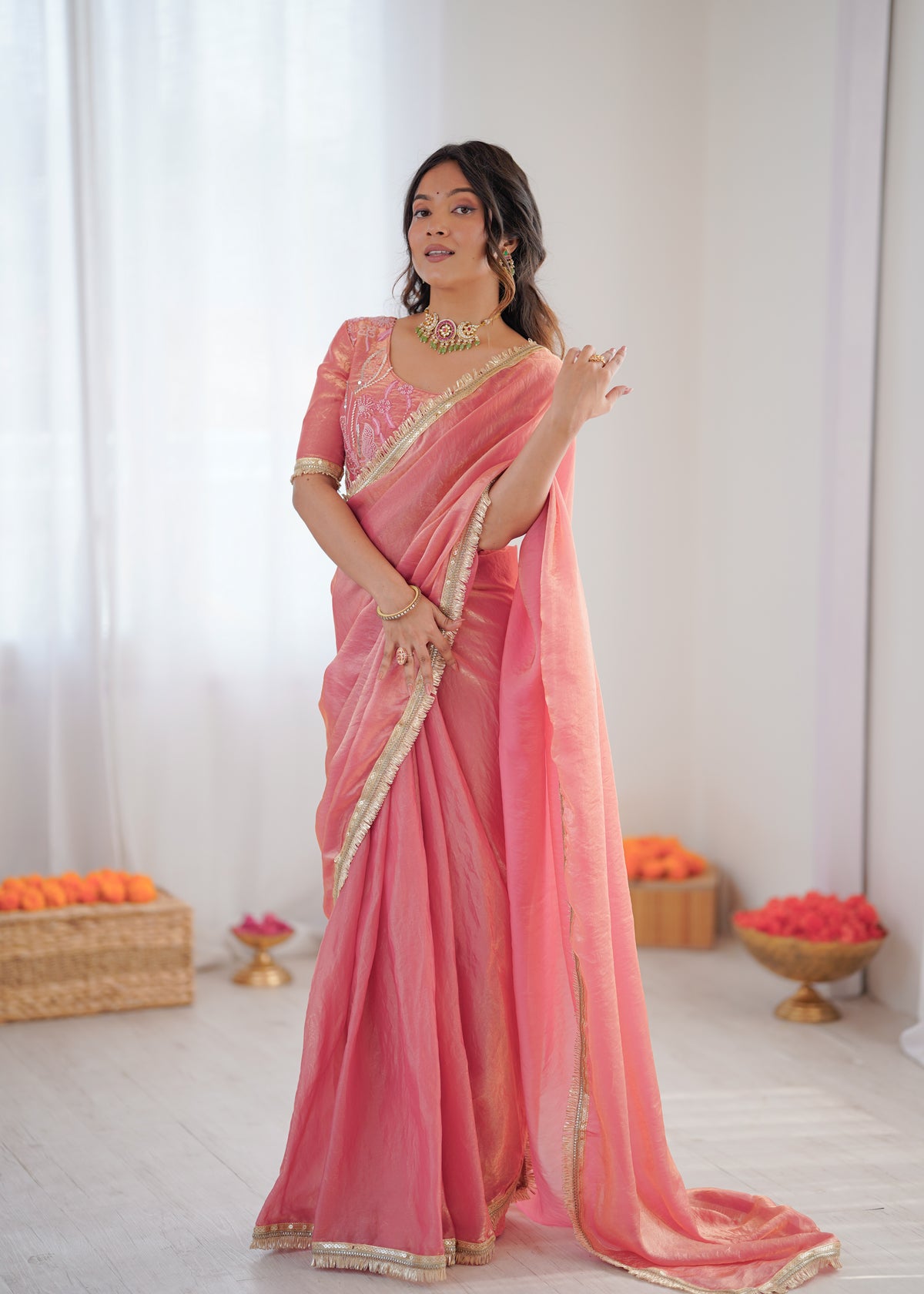 Peach Glow Elegance Saree with Golden Border