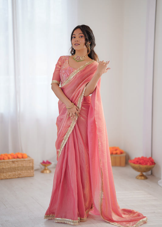 Peach Glow Elegance Saree with Golden Border