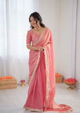 Peach Glow Elegance Saree with Golden Border
