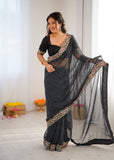 Midnight Black Elegance Saree with Floral Border