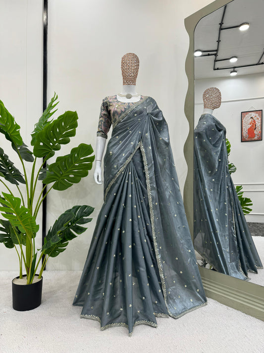 Smoky Grey Elegance Embellished Saree