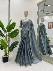 Smoky Grey Elegance Embellished Saree