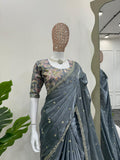 Smoky Grey Elegance Embellished Saree