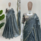 Smoky Grey Elegance Embellished Saree
