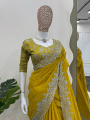 Designer Yellow Net Saree with Intricate Embellishments