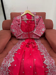 Radiant Rani Pink Saree with Elegant Silver Detailing