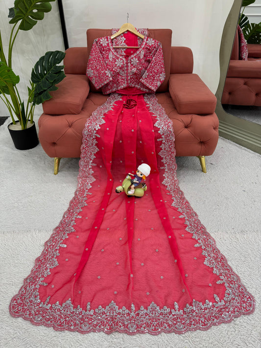 Radiant Rani Pink Saree with Elegant Silver Detailing