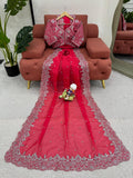 Radiant Rani Pink Saree with Elegant Silver Detailing