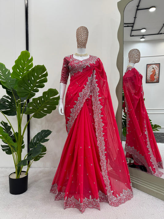Radiant Rani Pink Saree with Elegant Silver Detailing