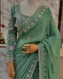 Sage Green Luxe Saree with Floral Detailing