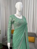 Sage Green Luxe Saree with Floral Detailing