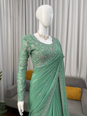 Sage Green Luxe Saree with Floral Detailing