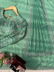 Sage Green Luxe Saree with Floral Detailing