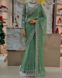 Sage Green Luxe Saree with Floral Detailing