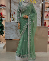 Sage Green Luxe Saree with Floral Detailing