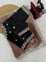 Mocha Gold Elegance Saree with Subtle Embroidery