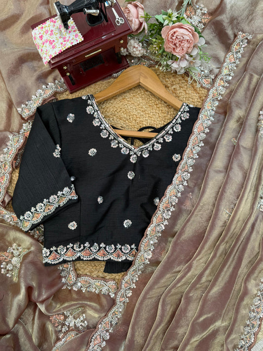 Mocha Gold Elegance Saree with Subtle Embroidery