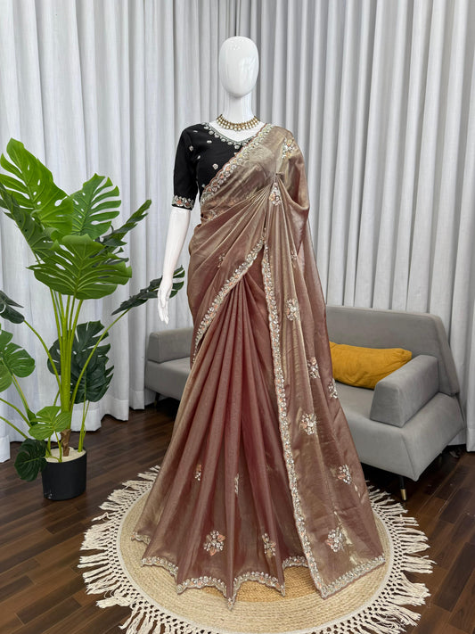 Mocha Gold Elegance Saree with Subtle Embroidery