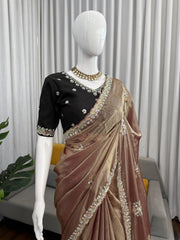 Mocha Gold Elegance Saree with Subtle Embroidery