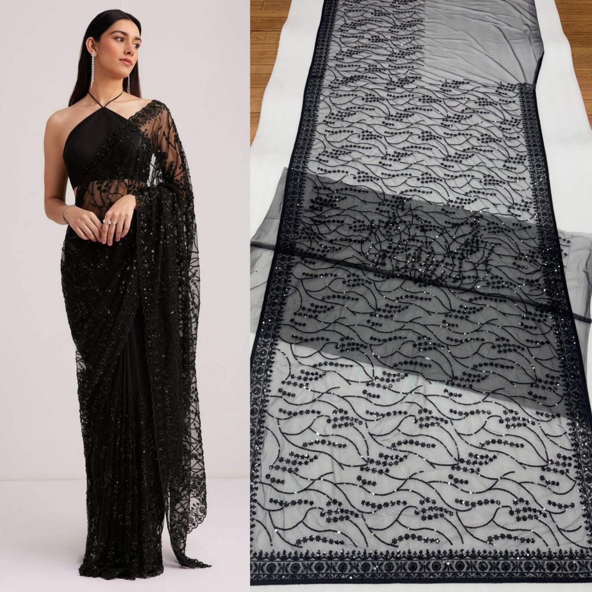 Elegant black net border with fine needlework embroidery and glimmering sequence motifs.