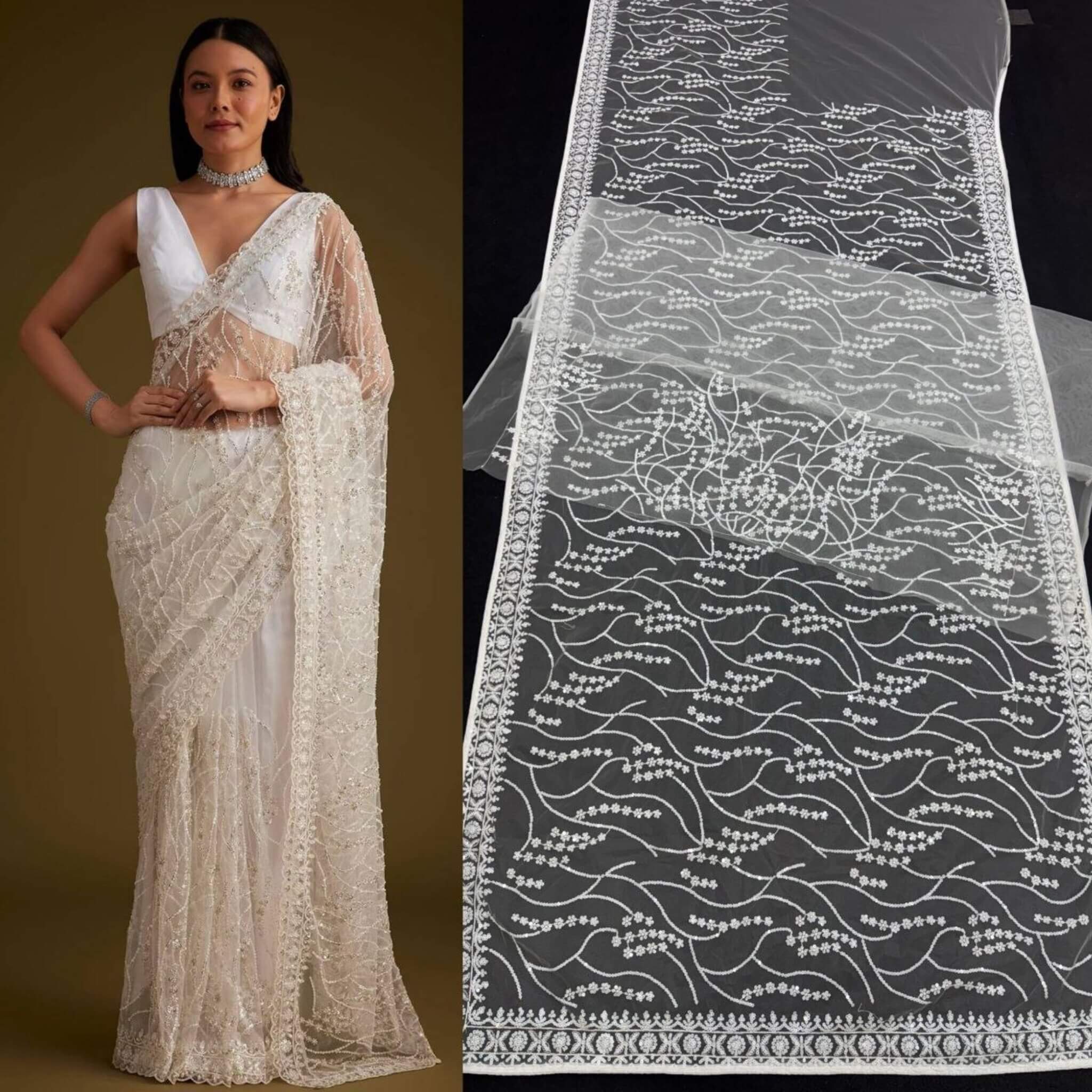 Full styled look of Bollywood style white net sequin saree for wedding reception and evening wear.