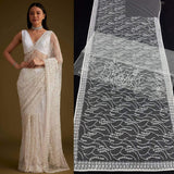 Full styled look of Bollywood style white net sequin saree for wedding reception and evening wear.
