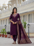 Plum Purple Embroidered Kurta Pant Set with Banarasi Dupatta