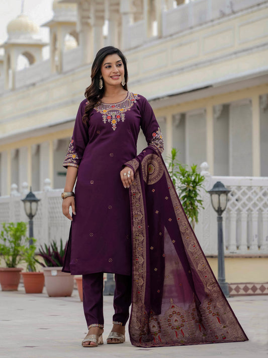 Plum Purple Embroidered Kurta Pant Set with Banarasi Dupatta