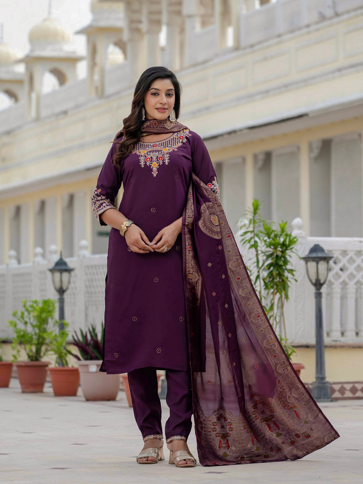 Plum Purple Embroidered Kurta Pant Set with Banarasi Dupatta