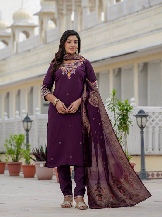 Plum Purple Embroidered Kurta Pant Set with Banarasi Dupatta