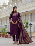 Plum Purple Embroidered Kurta Pant Set with Banarasi Dupatta