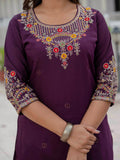 Plum Purple Embroidered Kurta Pant Set with Banarasi Dupatta