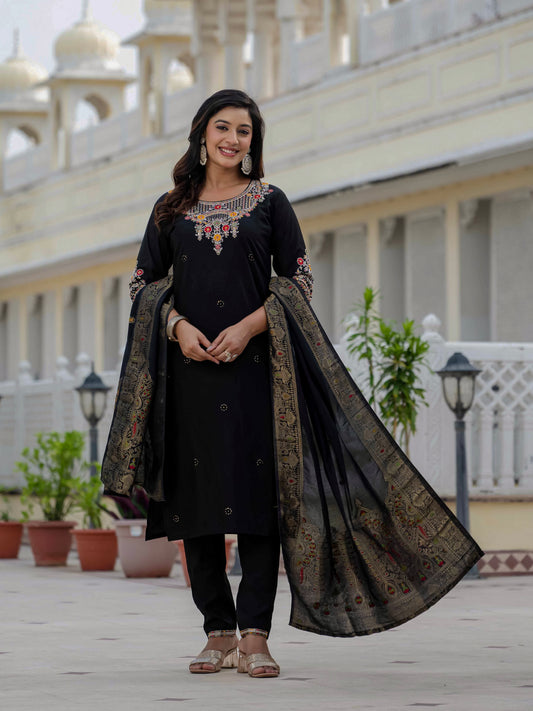 Classic Black Embroidered Kurta Pant Set with Banarasi Dupatta