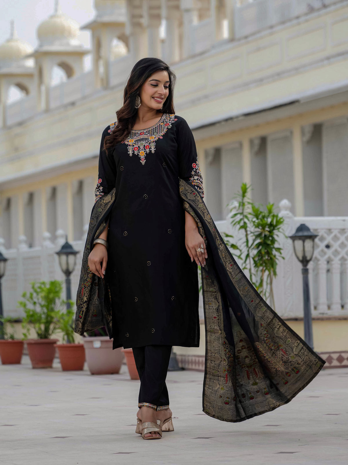Classic Black Embroidered Kurta Pant Set with Banarasi Dupatta