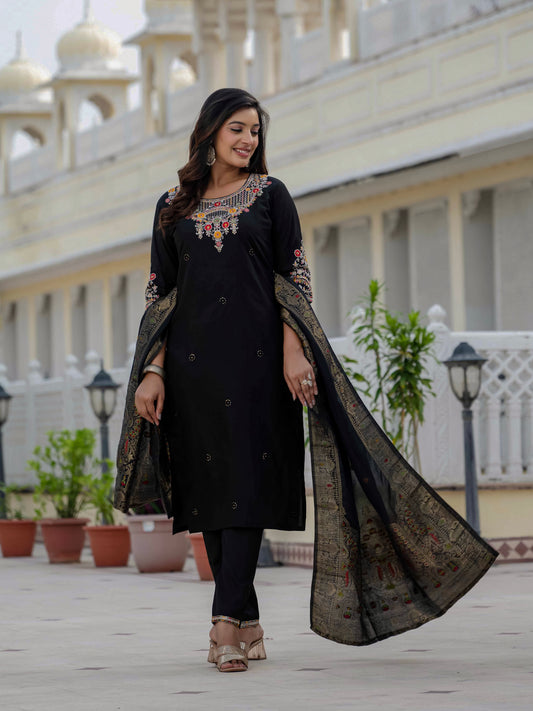 Classic Black Embroidered Kurta Pant Set with Banarasi Dupatta
