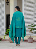 Turquoise Green Embroidered Kurta Pant Set with Banarasi Dupatta