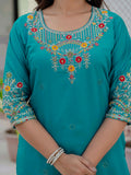 Turquoise Green Embroidered Kurta Pant Set with Banarasi Dupatta