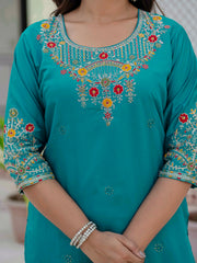 Turquoise Green Embroidered Kurta Pant Set with Banarasi Dupatta