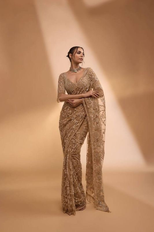 champagne golden net saree