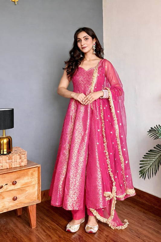 Royal Pink Anarkali Gown Set with Dupatta