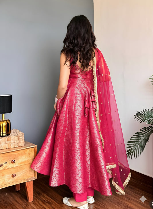 Royal Pink Anarkali Gown Set with Dupatta
