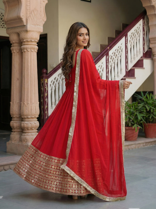 Royal Red Anarkali Suit with Heavy Golden Border & Flowing Dupatta