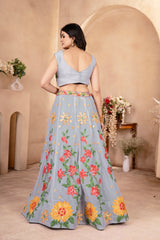 Pastel Grey Floral Lehenga with Sunflower Embroidery